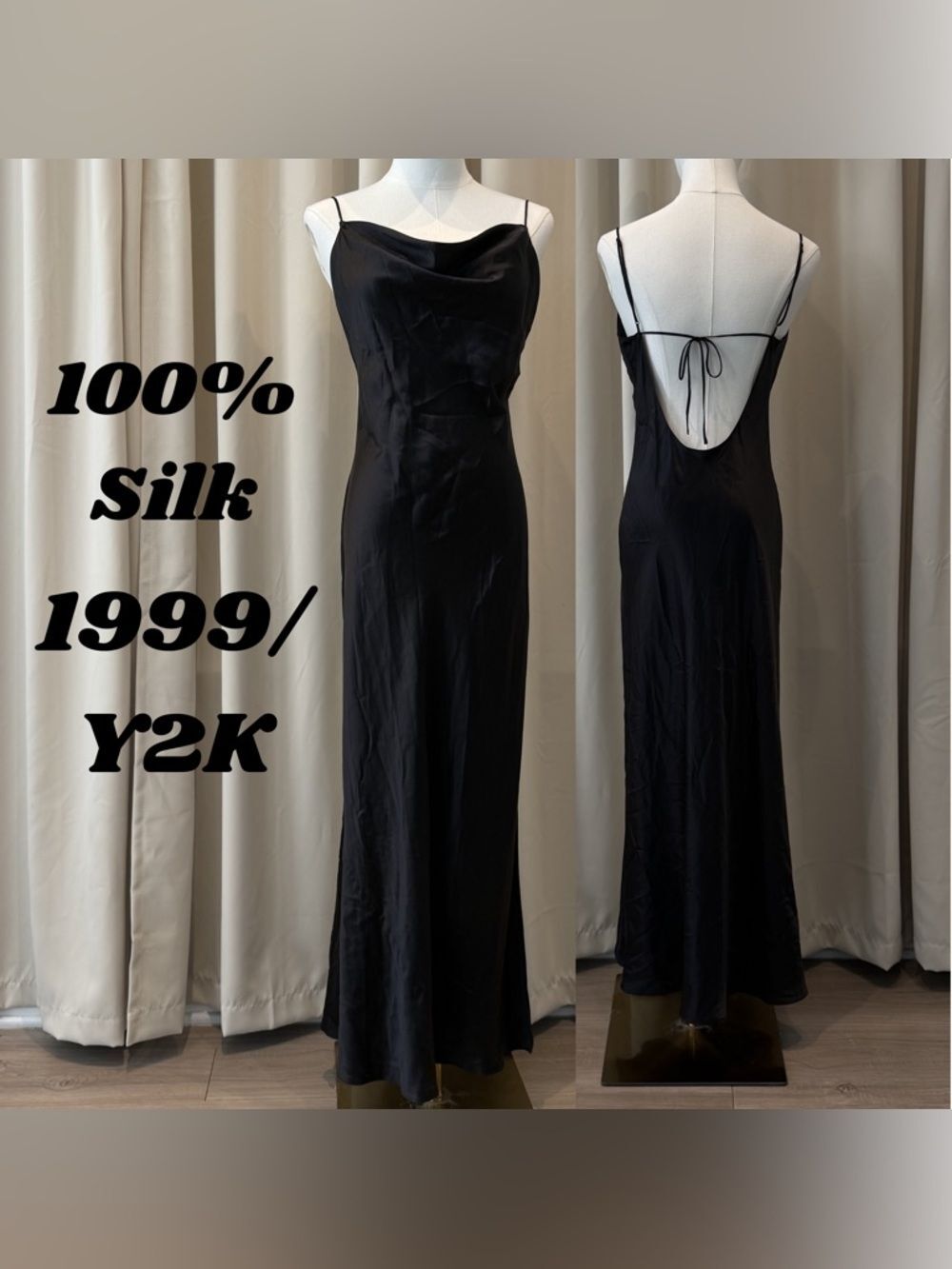 VICTORIA’S SECRET 100% Silk Cowl Neck Maxi Gown Black Small 1999 / Y2K